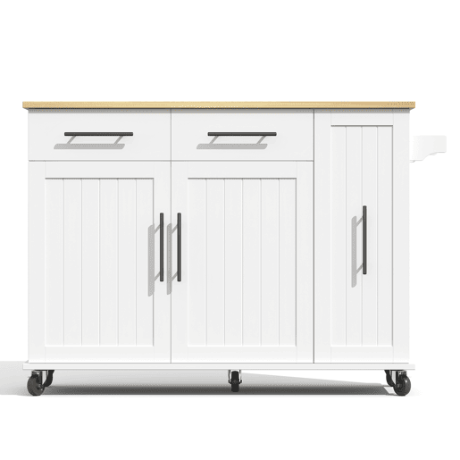 Ilha de cozinha 120 cm - com tampo rebatível, carrinho de armazenamento com 3 prateleiras removíveis, rack interno, carrinho móvel com toalheiro e 2 gavetas - Branco+Natural