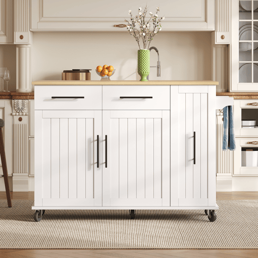 Ilha de cozinha 120 cm - com tampo rebatível, carrinho de armazenamento com 3 prateleiras removíveis, rack interno, carrinho móvel com toalheiro e 2 gavetas - Branco+Natural