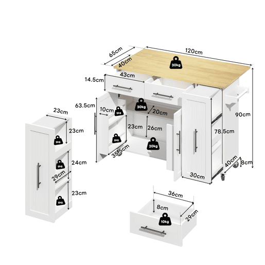 Ilha de cozinha 120 cm - com tampo rebatível, carrinho de armazenamento com 3 prateleiras removíveis, rack interno, carrinho móvel com toalheiro e 2 gavetas - Branco+Natural