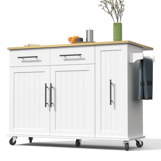 Ilha de cozinha 120 cm - com tampo rebatível, carrinho de armazenamento com 3 prateleiras removíveis, rack interno, carrinho móvel com toalheiro e 2 gavetas - Branco+Natural
