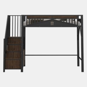 Cama alta metálica 90x200 cm - Casa de segurança única com janela, escada de segurança com armário - Preto