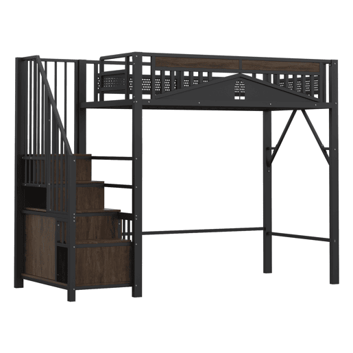 Cama alta metálica 90x200 cm - Casa de segurança única com janela, escada de segurança com armário - Preto