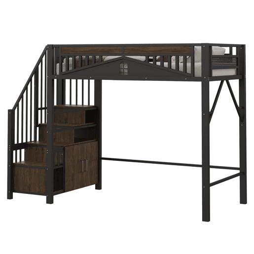 Cama alta metálica 90x200 cm - Casa de segurança única com janela, escada de segurança com armário - Preto