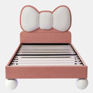 Cama individual 90x200 - Cabeceira em forma de laço, LED ajustável, estrutura estável, design elegante - Bege + Rosa
