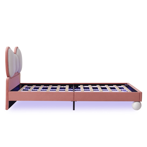 Cama individual 90x200 - Cabeceira em forma de laço, LED ajustável, estrutura estável, design elegante - Bege + Rosa