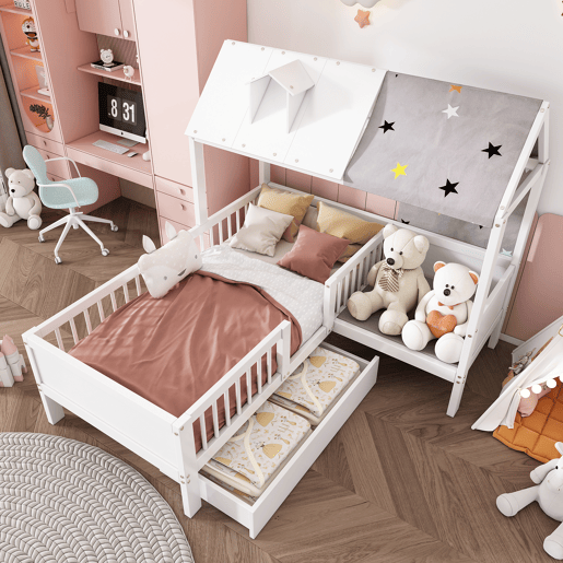 Cama infantil 90x200 - Multifuncional em forma de casa, com tela de tenda e almofadas, gavetas inferiores, sem colchão - Branco