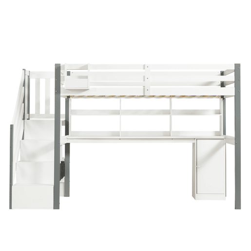 Cama semi-alta 90x200cm - Com caixa de armazenamento em tecido, secretária com prateleiras e armários, escada lateral - Branco+Cinza