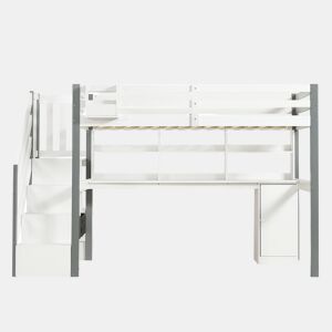 Cama semi-alta 90x200cm - Com caixa de armazenamento em tecido, secretária com prateleiras e armários, escada lateral - Branco+Cinza