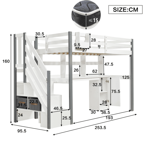 Cama semi-alta 90x200cm - Com caixa de armazenamento em tecido, secretária com prateleiras e armários, escada lateral - Branco+Cinza