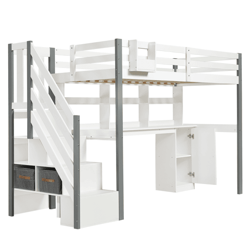Cama semi-alta 90x200cm - Com caixa de armazenamento em tecido, secretária com prateleiras e armários, escada lateral - Branco+Cinza