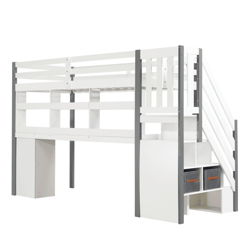 Cama semi-alta 90x200cm - Com caixa de armazenamento em tecido, secretária com prateleiras e armários, escada lateral - Branco+Cinza