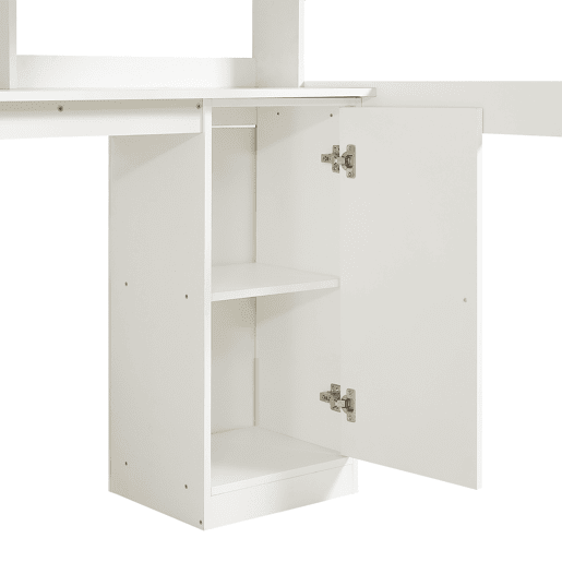 Cama semi-alta 90x200cm - Com caixa de armazenamento em tecido, secretária com prateleiras e armários, escada lateral - Branco+Cinza