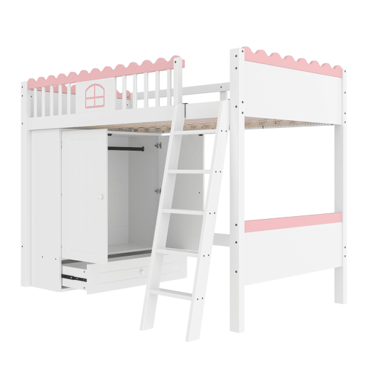 Cama alta 90x200cm - Com LED, com armário, com gaveta, certificado EN747 - Branco