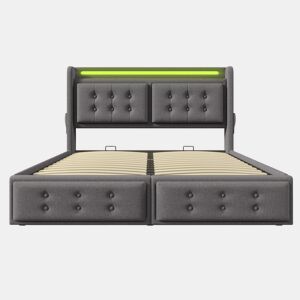 Cama de casal estofada 160x200 - cabeceira LED, carregamento USB C, hidráulica com estrado de madeira e metal, 300 kg - Cinza