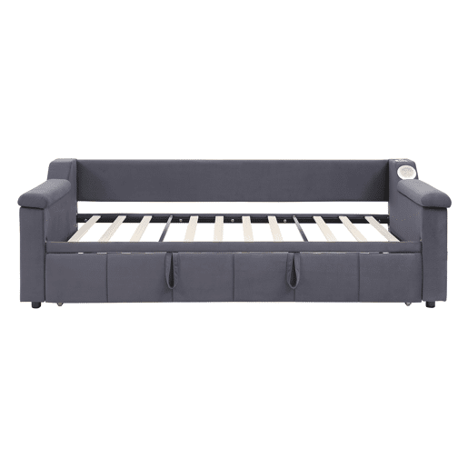 Sofá-cama 90180x190 cm - Braços mais largos e grossos, Com sistema Bluetooth Smart e porta USB, Com compartimentos, Com estrado, Tecido de veludo - Cinza