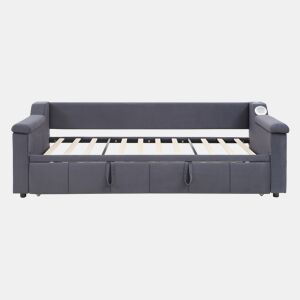 Sofá-cama 90180x190 cm - Braços mais largos e grossos, Com sistema Bluetooth Smart e porta USB, Com compartimentos, Com estrado, Tecido de veludo - Cinza