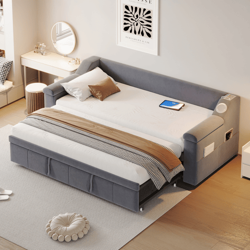 Sofá-cama 90180x190 cm - Braços mais largos e grossos, Com sistema Bluetooth Smart e porta USB, Com compartimentos, Com estrado, Tecido de veludo - Cinza
