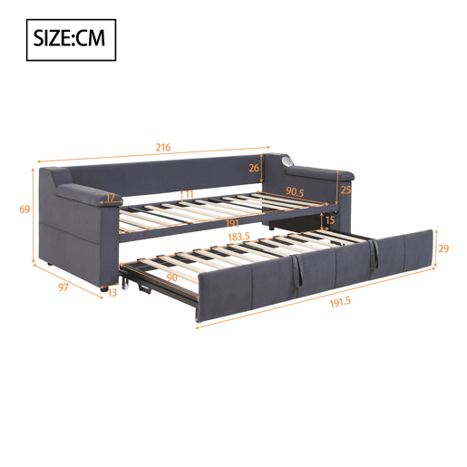 Sofá-cama 90180x190 cm - Braços mais largos e grossos, Com sistema Bluetooth Smart e porta USB, Com compartimentos, Com estrado, Tecido de veludo - Cinza