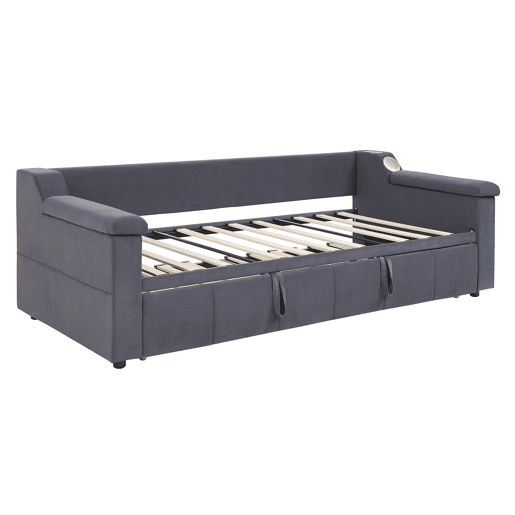 Sofá-cama 90180x190 cm - Braços mais largos e grossos, Com sistema Bluetooth Smart e porta USB, Com compartimentos, Com estrado, Tecido de veludo - Cinza