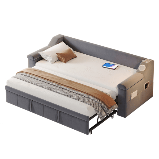 Sofá-cama 90180x190 cm - Braços mais largos e grossos, Com sistema Bluetooth Smart e porta USB, Com compartimentos, Com estrado, Tecido de veludo - Cinza