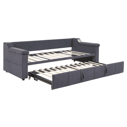 Sofá-cama 90180x190 cm - Braços mais largos e grossos, Com sistema Bluetooth Smart e porta USB, Com compartimentos, Com estrado, Tecido de veludo - Cinza