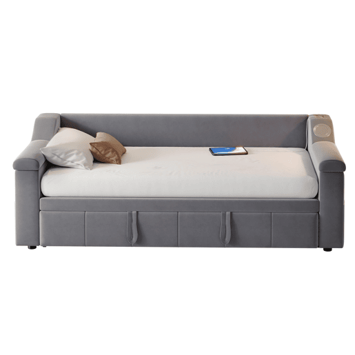 Sofá-cama 90180x190 cm - Braços mais largos e grossos, Com sistema Bluetooth Smart e porta USB, Com compartimentos, Com estrado, Tecido de veludo - Cinza