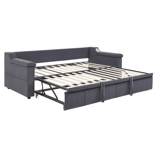 Sofá-cama 90180x190 cm - Braços mais largos e grossos, Com sistema Bluetooth Smart e porta USB, Com compartimentos, Com estrado, Tecido de veludo - Cinza