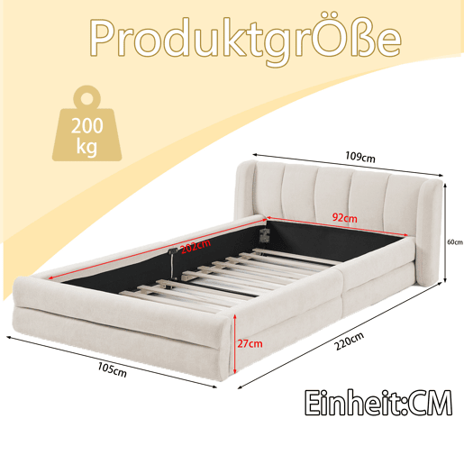 Cama individual 90x200 cm - Tecido chenille macio, encosto confortável, adequada para crianças - Bege