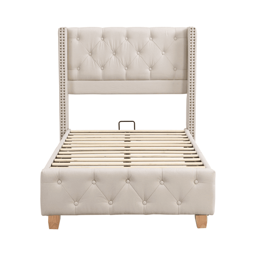 Cama estofada 90*200 - cabeceira acolchoada com botões e tachas, estrado de ripas, pés de madeira - Bege