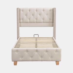 Cama estofada 90*200 - cabeceira acolchoada com botões e tachas, estrado de ripas, pés de madeira - Bege