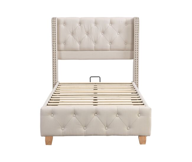Cama tapizada 90*200 - cabecero acolchado con botones y tachuelas, somier de lamas, patas de madera - beige