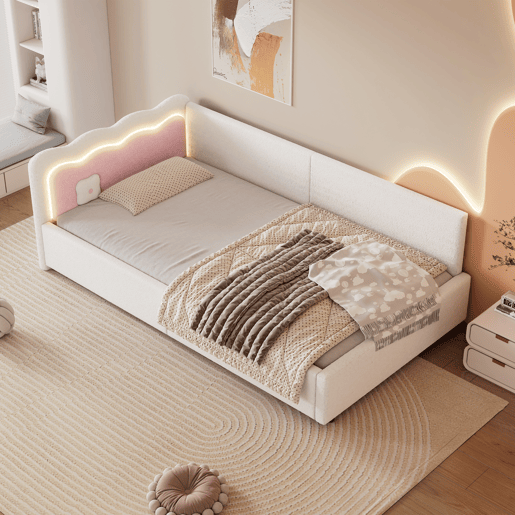 Cama Daybett 90x200 cm - Sofá-cama, luz ambiente LED com controlo remoto, cama com estrado (sem colchão), imitação de felpa - Branco