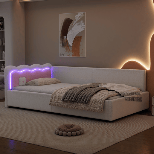 Cama Daybett 90x200 cm - Sofá-cama, luz ambiente LED com controlo remoto, cama com estrado (sem colchão), imitação de felpa - Branco