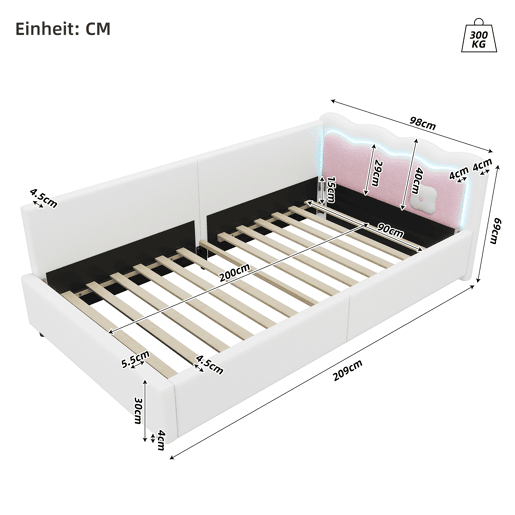 Cama Daybett 90x200 cm - Sofá-cama, luz ambiente LED com controlo remoto, cama com estrado (sem colchão), imitação de felpa - Branco