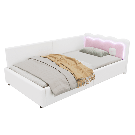 Cama Daybett 90x200 cm - Sofá-cama, luz ambiente LED com controlo remoto, cama com estrado (sem colchão), imitação de felpa - Branco