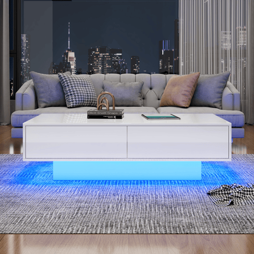 Mesa de centro moderna 115x55x34 cm - 2 gavetas, iluminação LED, capacidade para 30 kg - Branco
