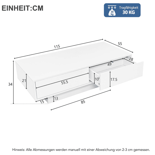 Mesa de centro moderna 115x55x34 cm - 2 gavetas, iluminação LED, capacidade para 30 kg - Branco