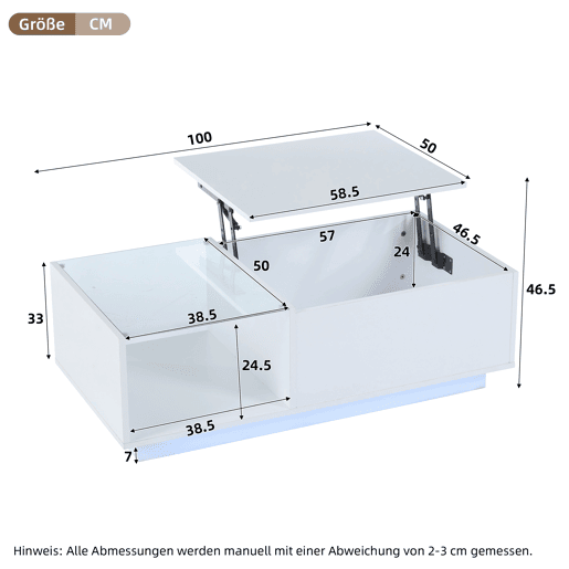 Mesa de café elevável 50x100x(33-46,5) cm - Mesa de sala com arrumação oculta e prateleira - Branco