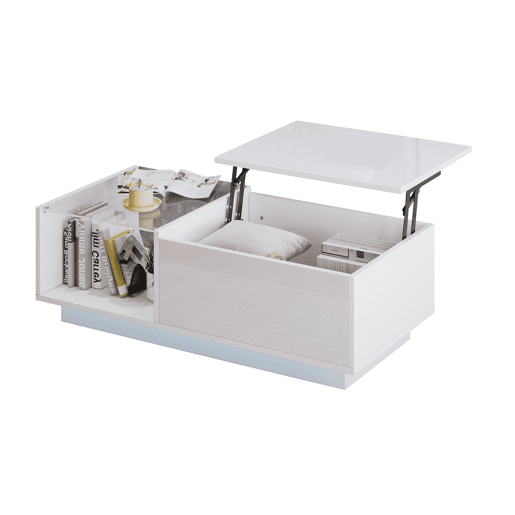 Mesa de café elevável 50x100x(33-46,5) cm - Mesa de sala com arrumação oculta e prateleira - Branco