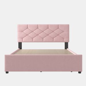 Cama estofada 140x200 cm - com estrado, sem colchão, com gaveta com rodízios, veludo, minimalista - rosa