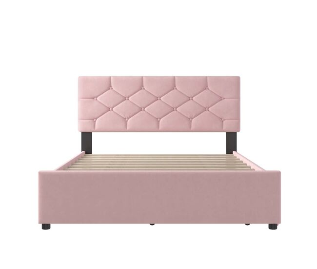 Cama tapizada 140x200 cm - con somier, sin colchón, con cajón rodante, terciopelo, minimalista - rosa