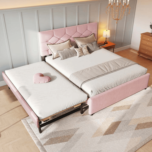 Cama estofada 140x200 cm - com estrado, sem colchão, com gaveta com rodízios, veludo, minimalista - rosa Cama estofada 140x200 cm - com estrado, sem colchão, com gaveta com rodízios, veludo, minimalista - rosa