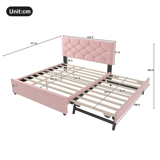Cama estofada 140x200 cm - com estrado, sem colchão, com gaveta com rodízios, veludo, minimalista - rosa Cama estofada 140x200 cm - com estrado, sem colchão, com gaveta com rodízios, veludo, minimalista - rosa