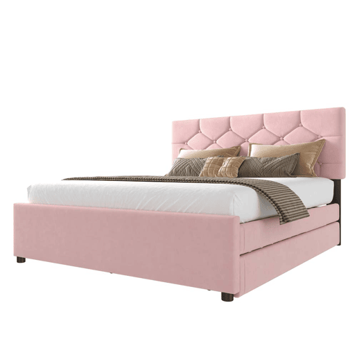 Cama estofada 140x200 cm - com estrado, sem colchão, com gaveta com rodízios, veludo, minimalista - rosa Cama estofada 140x200 cm - com estrado, sem colchão, com gaveta com rodízios, veludo, minimalista - rosa