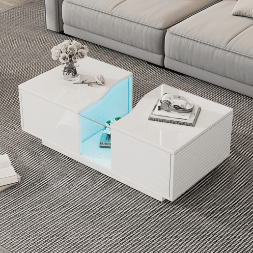 Mesa de café moderna LED - 100 x 50 x 35 cm - Mesa auxiliar branca com luz LED e painel acrílico - Branco Mesa de café moderna LED - 100 x 50 x 35 cm - Mesa auxiliar branca com luz LED e painel acrílico - Branco