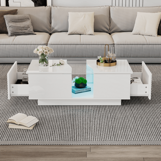 Mesa de café moderna LED - 100 x 50 x 35 cm - Mesa auxiliar branca com luz LED e painel acrílico - Branco Mesa de café moderna LED - 100 x 50 x 35 cm - Mesa auxiliar branca com luz LED e painel acrílico - Branco