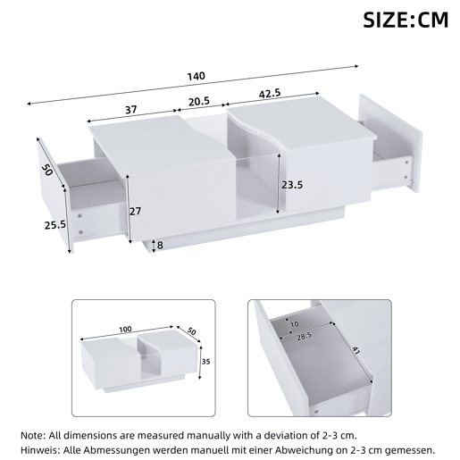 Mesa de café moderna LED - 100 x 50 x 35 cm - Mesa auxiliar branca com luz LED e painel acrílico - Branco Mesa de café moderna LED - 100 x 50 x 35 cm - Mesa auxiliar branca com luz LED e painel acrílico - Branco