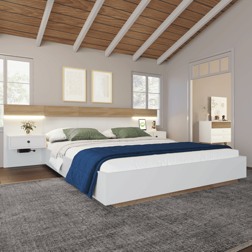 Cama de casal de madeira maciça 140x200cm com luz led,bege+natural