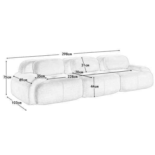 Sofá de 3 lugares - Modular, antiderrapante, sem montagem, com braços ergonómicos e enchimento elástico, Veludo cotelê - Preto