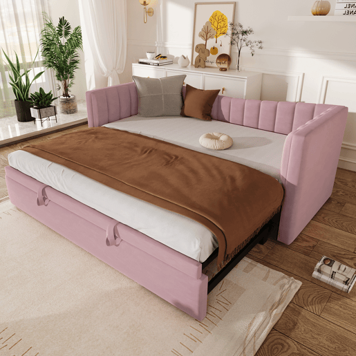 Sofá-cama, 90 x 200 cm (180 x 200 cm) - Cama individual, cama de casal, com cama extraível, estilo minimalista, Rosa